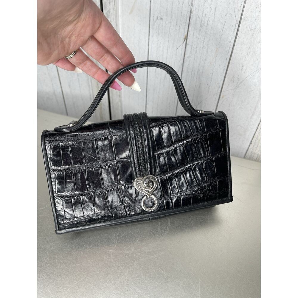 Vintage Brighton Bag Black Croc Leather Top Handle Metal Hardware 90s